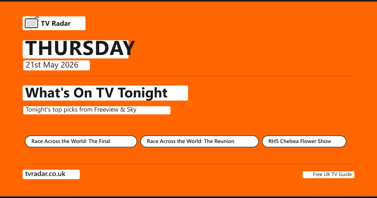 What's on TV tonight Thursday 21 May 2026 -- Race Across the World Series 6 finale 8pm BBC One (12,000km Sicily to Mongolia, Hatgal finish line), plus Marilyn Monroe Night BBC Four, Bergerac Series 2 finale U&Drama, and Taskmaster Series 21 Episode 7 Channel 4.